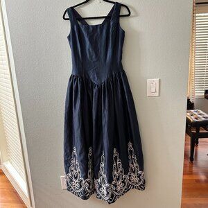 Vintage Jessica McClintock Navy Satin V Drop Waist Full Formal Dress 10 Strappy